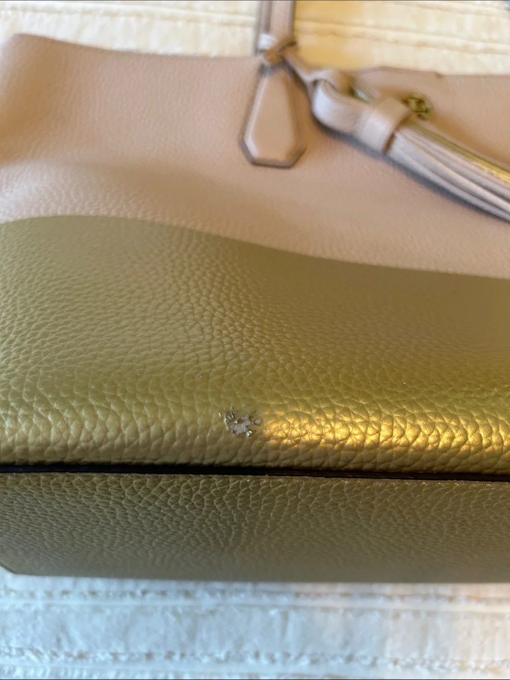 Tory Burch Perry Colorblock Pebbled Leather Tote Blush Pink And Gold EUC